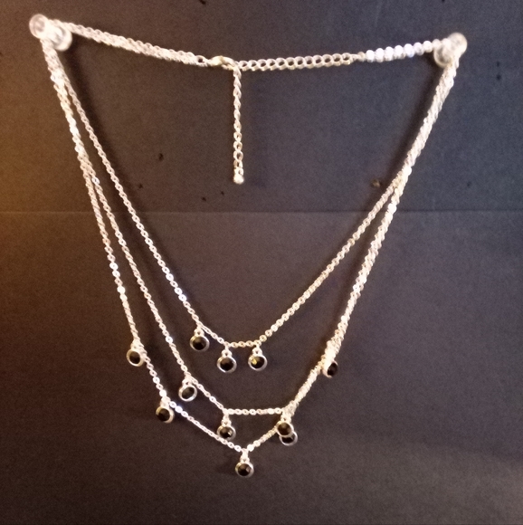 NWOT Silver Triple Layered Necklace with Black Beads - Picture 9 of 9
